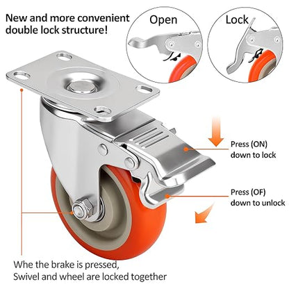 4 Inch Industrial Heavy Duty Swivel Caster Wheels with Brake,Set of 4 Safety Locking Casters,Load 2000lbs,Premium Polyurethane Wheels for Table,Trailer,Saw Table,Stage Toolbox,Bed,Corn Board