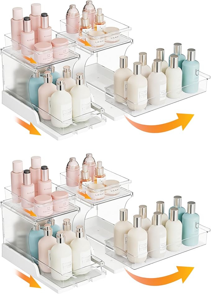Attelite Under Sink Organizer,4 Pack 2 Tier Pull Out Cabinet Organizer with 180° Rotating & Foldable Design, Sliding Drawers for Kitchen & Bathroom Storage, Fits Under Sink, Pantry, Cabinet