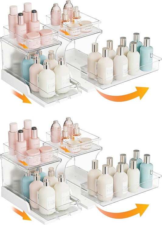 Attelite Under Sink Organizer,4 Pack 2 Tier Pull Out Cabinet Organizer with 180° Rotating & Foldable Design, Sliding Drawers for Kitchen & Bathroom Storage, Fits Under Sink, Pantry, Cabinet