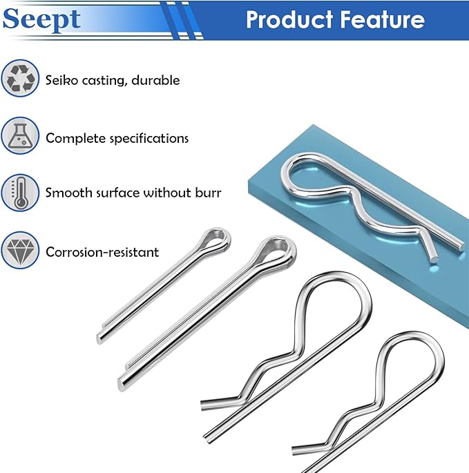 200Pcs 304 Stainless Steel Cotter Pins Assortment Kit - Hitch Pin Clips for Locking Systems | Ideal for Farm Tools, Tractor Implements, and Accessories