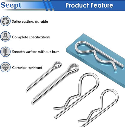 200Pcs 304 Stainless Steel Cotter Pins Assortment Kit - Hitch Pin Clips for Locking Systems | Ideal for Farm Tools, Tractor Implements, and Accessories