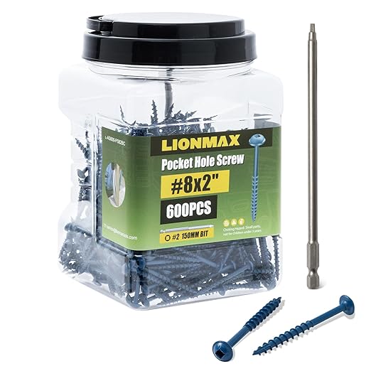 LIONMAX Pocket Hole Screws 2 Inch, 600 PCS Exterior Pocket Screw #8 x 2, Coarse Thread, Square Drive, Blue Coated Weather Resistant Pocket Hole Screws, 150MM Drive Bit Included