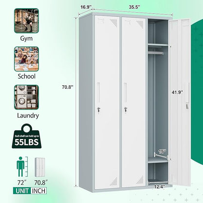 Letaya Metal Lockers for Employees，71" Employees Storage Cabinet with Lock, Steel Storage Locker for Gym, School, Home, Office Staff (Grey White, 3 Door)