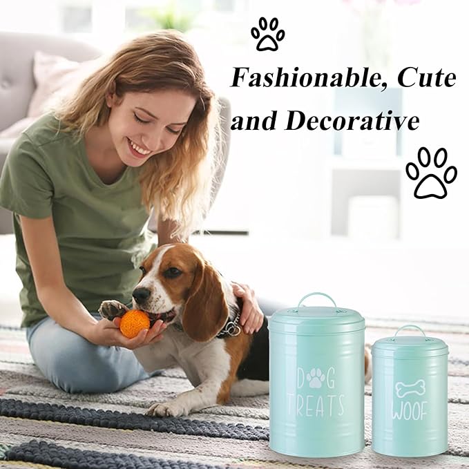 Dog Treat Container Airtight, Dog Treat Jar Set of 2 with Lid - 9x5.5''&7x4'' Metal Dog Cookie Jar for Farmhouse Kitchen Counter, Green Pet Treat Container, Dog Treat Storage Container for Dogs, Cats