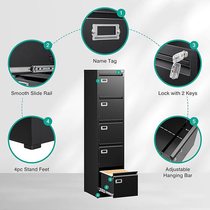 SISESOL 5 Drawer File Cabinet with Lock,15" Narrow Vertical File Cabinet Five drawer,Tall Office Filing Cabinets,Black Metal Filing Cabinets for Home Office,Fit A4,Legal,Letter Size,-Assembly Required
