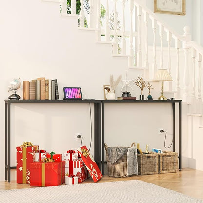 IBUYKE 2 Pack Console Table Narrow Long Sofa Table with Power Outlets USB Ports,Industrial Wooden Entry Table with Charge Station with Extension Cord,for Entryway Living Room Hallway Black TMJ061B-2