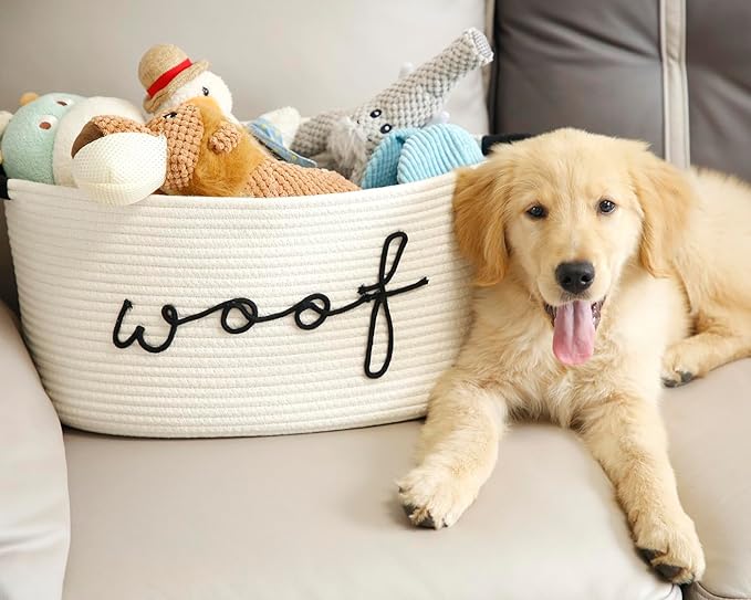 Woof Dog Toy Basket Woven Pet Baskets Storage Bin Box with Durable Handles, Pet Supplies Puppy Bins Perfect for Organizing Dog Toys Blankets and Accessories