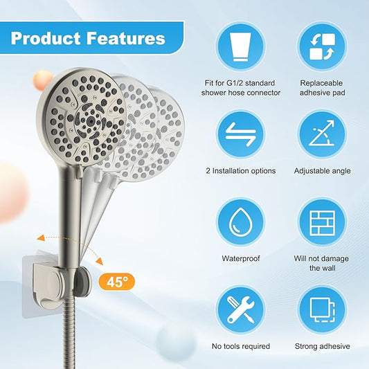 Hibbent Showerhead Holder, Strong Adhesive and Waterproof Handheld Shower Holder & Bracket, Height Adjustable Shower Wand Holder, Wall Mount, No Drilling, Brushed Nickle