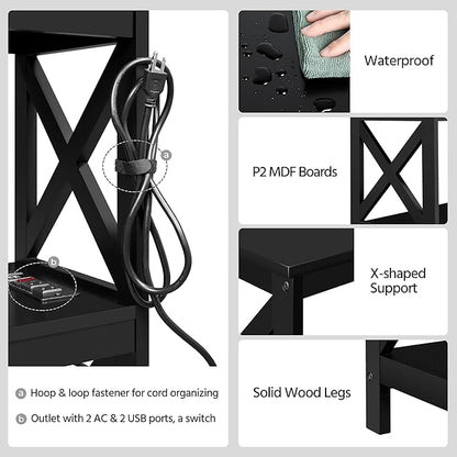 Yaheetech Entryway Table with Storage Shelves, Console Table with Power Outlets and USB Ports, Wood Narrow Sofa Tables with X-Shaped Design for Living Room/Hallway/Couch, Black