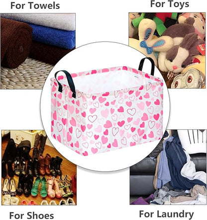 Girls Gift Basket Heart Print Storage Cube for Women, Closet Shelf Organizer Bins Empty Gift Basket with Handles Nursery hamper Kids Toys Books Box Room Deco