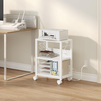 Industrial Printer Cart, 3-Tier Mobile Printer Stand, Rolling Cart with 2 AC Outlets and 2 USB Ports, Home Printer Stand with 2 Hooks, for Office, Living Room, White PTWT40E01