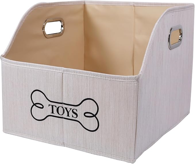 Foldable Dog Toy Basket-Dog Toys Bin-Dog Toy box-Storage Basket with Handle,Organizer Bin for Pet Toys, Blanket, Shelves, Closet-Beige