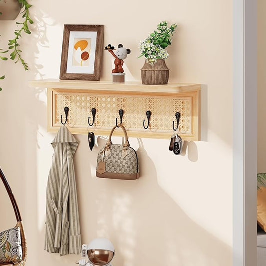 Homode Coat Rack Wall Mount with Shelf, Boho Rattan Entryway Wall Shelf with Hooks, Natural Wood Floating Shelves with 5 Pegs, Hanging Coat Hooks Hat Hanger for Nursery Bedroom Living Room Kitchen