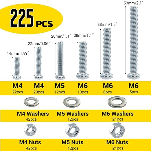 225pcs Screws and Nuts Assortment Kit,M4 M5 M6 Phillips Pan Head Assorted Nuts and Bolts,Washers Kit for Headboard, Wall Plate Switch, Receptacles Mounting Screws Silver