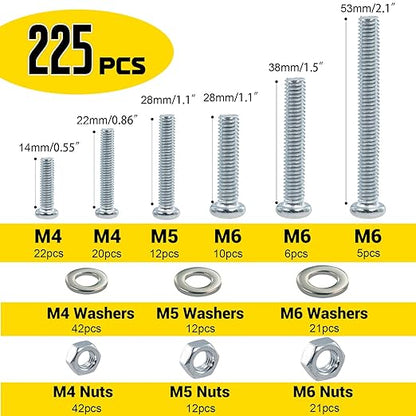 225pcs Screws and Nuts Assortment Kit,M4 M5 M6 Phillips Pan Head Assorted Nuts and Bolts,Washers Kit for Headboard, Wall Plate Switch, Receptacles Mounting Screws Silver