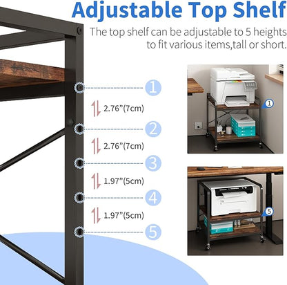 Under Desk Printer Stand with Power Outlet Large Printer Table with Adjustable Shelf,Industrial Wheels, 20 Inches Deep 2 Tier Rolling Printer Cart for Home Office, Rustic Brown