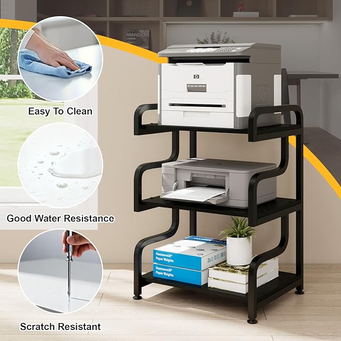 Natwind 3-Tier Printer Stand with Wheels Movable Storage Cart Floor-Standing Multi-Purpose Shelf Rack for Media Player Scanner Files Books Microwave Oven in Kitchen Living Room Home Office (Black)