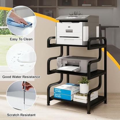 Natwind 3-Tier Printer Stand with Wheels Movable Storage Cart Floor-Standing Multi-Purpose Shelf Rack for Media Player Scanner Files Books Microwave Oven in Kitchen Living Room Home Office (Black)