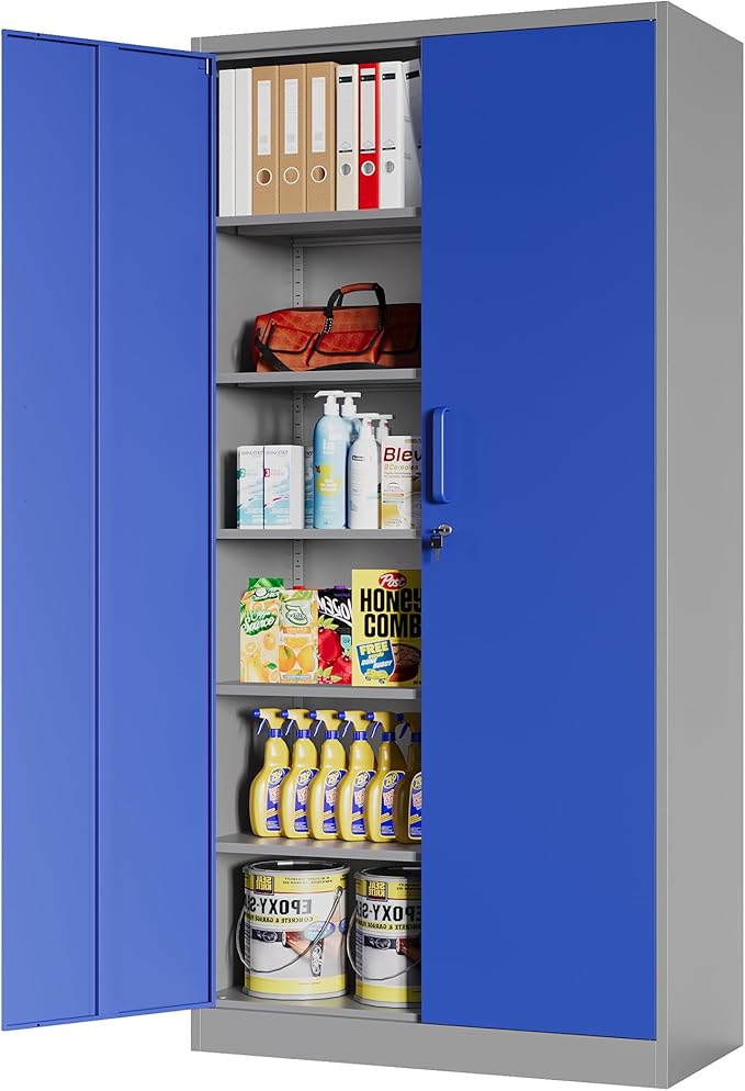 Metal Storage Cabinet with Lock, 71" Black Garage Cabinets with 2 Doors and 4 Adjustable Shelves, Steel Locking Caninet Tall Tool Storage Cabnet, Lockable File Caninets for Home Office, Pantry