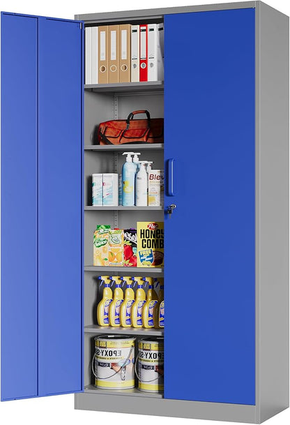 Metal Storage Cabinet with Lock, 71" Black Garage Cabinets with 2 Doors and 4 Adjustable Shelves, Steel Locking Caninet Tall Tool Storage Cabnet, Lockable File Caninets for Home Office, Pantry