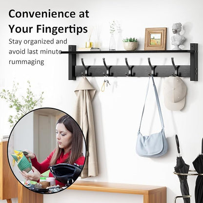 Coat Rack Wall Mount with Shelf, 29 Inch Coat Hanger Walls Mounted, Hat Rack for Walls, Shelf with 5 Coat Hooks, Wall Hanger for Entryway (Black)
