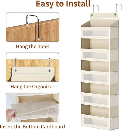 Over The Door Organizer with 5 Large Pockets, Over the Door Storage 10 Side Pocket 44 lb Load Behind Door Storage, Closet Door Organizer Hanging Shelf for Wall Bathroom Bedroom Nursery, 5-Tier Beige