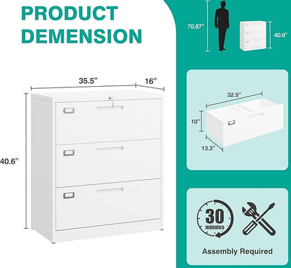 SISESOL 3 Drawer Lateral File Cabinet with Lock,White Lateral Filing Cabinet,Horizontal Metal Filing Cabinets,Locked Wide Three Drawer File Cabinets for Office Home,Fit A4/F4/Letter/Legal File