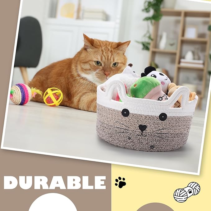 Zopeal Cat Basket Storage Woven Organizer with Ears Easter Decorative Gift Pet Toy Cute Cotton Rope Basket for Gift Cat Dog Toy Bin Nursery Room(8.3 x 4.7 Inch,Gradient Khaki)