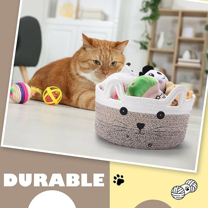 Zopeal Cat Basket Storage Woven Organizer with Ears Easter Decorative Gift Pet Toy Cute Cotton Rope Basket for Gift Cat Dog Toy Bin Nursery Room(8.3 x 4.7 Inch,Gradient Khaki)