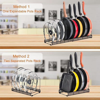 Toplife Pots and Pans Organizer Rack for Cabinet and Countertop, 10+ Pot Lids, Bakeware and Cookware Organizer Rack Holder with 10 Adjustable Compartments - Brown