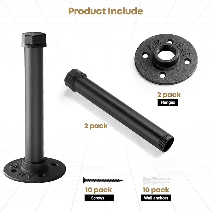 Industrial Pipe Clothing Rack 6 Inch 2 Pack, Wall Mounted Clothes Rack-Pipe Shelf Brackets Heavy Duty Closet Rod for Hanging Clothes Rustic Metal Garment Rail Laundryroom