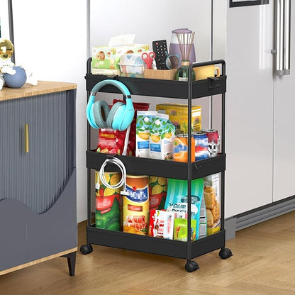SOLEJAZZ 3 Tier Rolling Storage Cart with Wheels Slim Craft Nail Makeup Snack Art Baby Utility Cart Organizer on 2 Lockable Wheels for Bathroom Laundry Room Kitchen Bedside Narrow Spaces, Black
