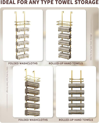 Hanging Towel Racks for Bathroom No Drill - 6-Tier Over The Door Bath Towel Storage Organizer for Small Bathrooms - Tiered Back of Door Towel Holder Hanger for Rolled Towels RV Camper Gold