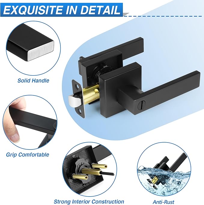 3 Pack Matte Black Door Handles, Keyless Interior Door Knobs, Privacy Door Lever Locksets for Bedroom Bathroom, Heavy Duty Square Door Lock, Reversible for Left&Right Handled Doors