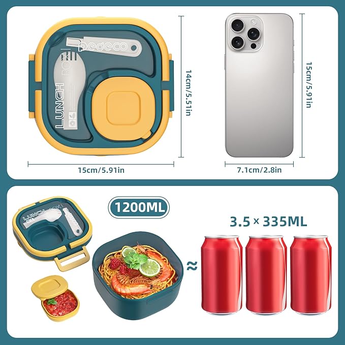 Bento Box for Adults & Kids – Single Compartment Lunch Box,Food Container,BPA-Free,Microwave & Dishwasher Safe with Removable Divider,Utensils & Sauce Jar-Blue