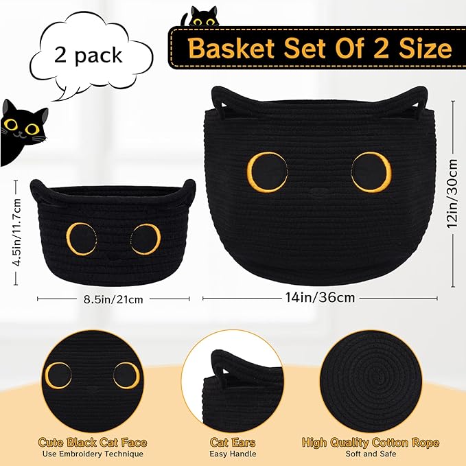 Storage Baskets for Organizing, Black Cat Cotton Rope Baskets Set Woven Blasket for Nursery, Blanket Basket Organizer Toy Basket for Gifts Cat Dog Bin Toys - Pack of 2