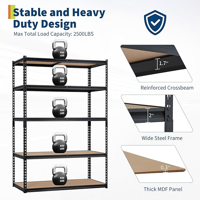 Garage Storage Shelves 5 Tiers, Heavy Duty Storage Shelving Racks with 2500 LBS Capacity, 48 " L x 18 in W x 72 in H Metal Adjustable Shelving Unit for Kitchen Pantry Basement Bathroom Laundry