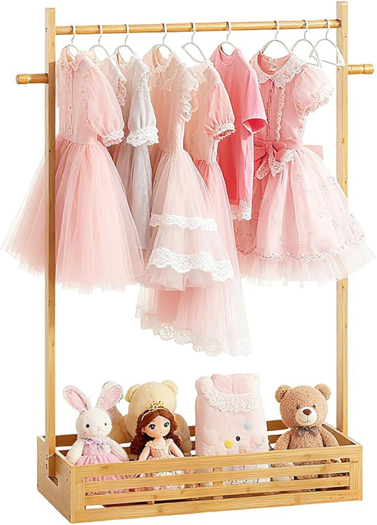 Kids Clothing Rack for Toddler, Pets Clothes Rack with Storage Box & Hanging Rod for Dogs/Cats, Baby Clothes Closet Stand for Nursery Room (Natural, Kids)