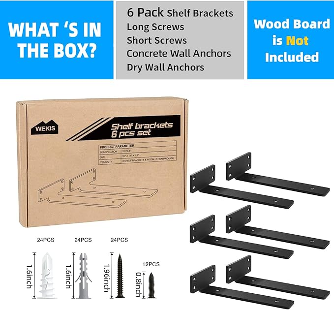 Shelf Brackets Floating Shlef Brackets 10-Inch 6-Packs, 1/5-Inch Thick Heavy Duty Shelving Brackets for Wood Shelves, 10" Hidden Black Metal L Bracket Shelf Bracket Supports with 160 Lbs Load Capacity