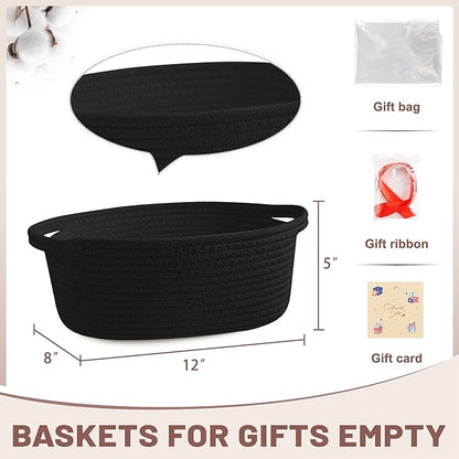 Small Woven Black Gifts Basket for Storage Empty with Ribbons and Bags Durable Cute Gifts 12"X 8" X 5" Small Rope Basket for Gifting