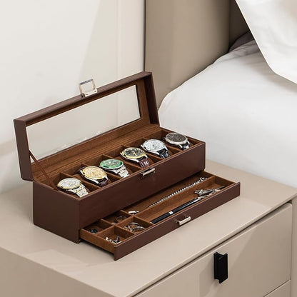 ProCase Watch Box, 6 Slot Watches Display Case with Drawer, Mens Watch Case with Glass Lid, 2-Layer Mens Jewelry Organizer Storage Holder, Birthday Valentine Gifts for Men -6 Slot, Espresso