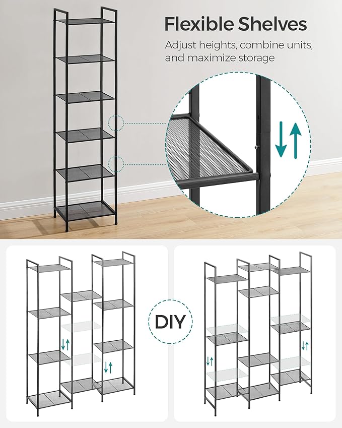 SONGMICS 6-Tier Storage Rack, Bathroom Shelf, Extendable Plant Stand with Adjustable Shelf, for Bathroom, Living Room, Balcony, Kitchen, Classic Black UBSC036B01