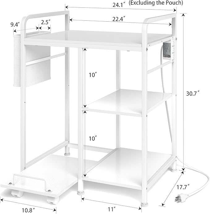 Home Printer Stand with Charging Station, 24x18 Inches Stands for Large Printer, Printer Shredder Stand with Storage for Home Office, Table for Fax Machine/PC Tower (White)
