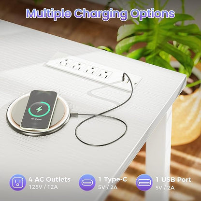 PRAISUN 47 X 20 Inch Office Computer Desk with Power Outlets and USB-C Port, Larger Gaming Desk, for Home Office, Study, Bedroom, Writing Work from Home Table, Metal Frame, White