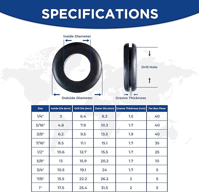 Rubber Grommets for Wiring-205pcs in 9 Sizes 1",1/2",1/4", 3/4", 3/8", 5/8", 5/16", 7/8",7/16" Waterproof hole rubber grommet kit & Tear Resistant Firewall Grommets wire grommet Ideal for Auto Sealing