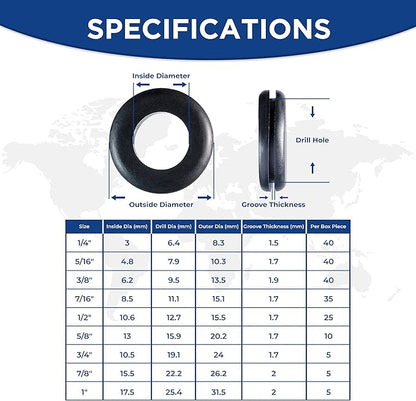 Rubber Grommets for Wiring-205pcs in 9 Sizes 1",1/2",1/4", 3/4", 3/8", 5/8", 5/16", 7/8",7/16" Waterproof hole rubber grommet kit & Tear Resistant Firewall Grommets wire grommet Ideal for Auto Sealing