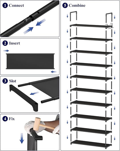 Kitsure Shoe Rack for Closet - 10-Tier Shoe Organizer with Hook Rack, Large-Capacity & Space-Saving Shoe Shelf for Entryway, Bedroom, Living Room,32.2" x 11.8" x 68.5", Black