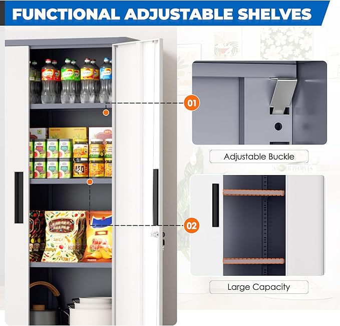 INTERGRAET 63" Pantry Cabinet, Kitchen Pantry Storage Cabinets with 2 Doors and 4 Shelves,Gray White Metal Storage Cabinet,Cupboard for Home,Kitchen,Living Room/Dining
