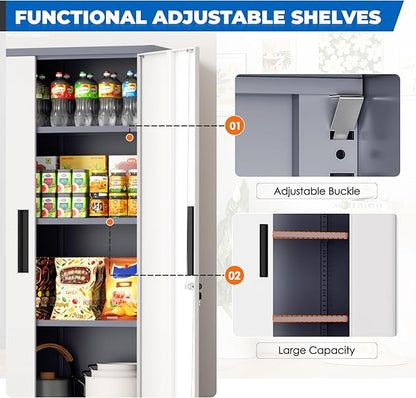 INTERGRAET 63" Pantry Cabinet, Kitchen Pantry Storage Cabinets with 2 Doors and 4 Shelves,Gray White Metal Storage Cabinet,Cupboard for Home,Kitchen,Living Room/Dining