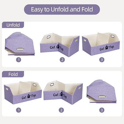 Cat Toy Basket, Kitten Toys Storage Organizer Foldable Fabric Bin Pet Supplies Chest Holder Trapezoid Container with Metal Handles for Organizing Cats Clothes Accessories, Purple